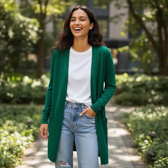 NWT Halogen Emerald Green Open Front Linen Blend Long Cardigan with Pockets M - Picture 2 of 6